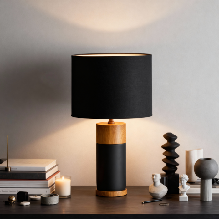 Abajur Cimento e Madeira Náli Preto - 54cm - Madel Home