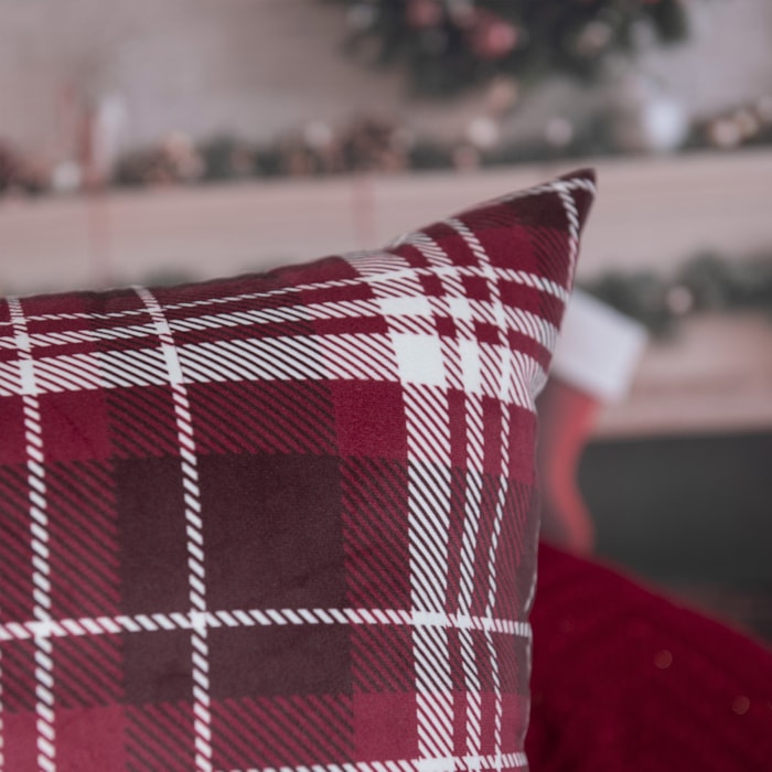 Almofada Decorativa de Natal em Veludo Xadrez Vermelho 50x50cm - Madel Home