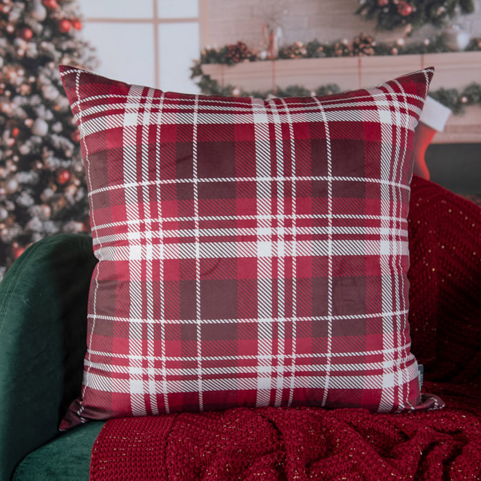 Almofada Decorativa de Natal em Veludo Xadrez Vermelho 50x50cm - Madel Home