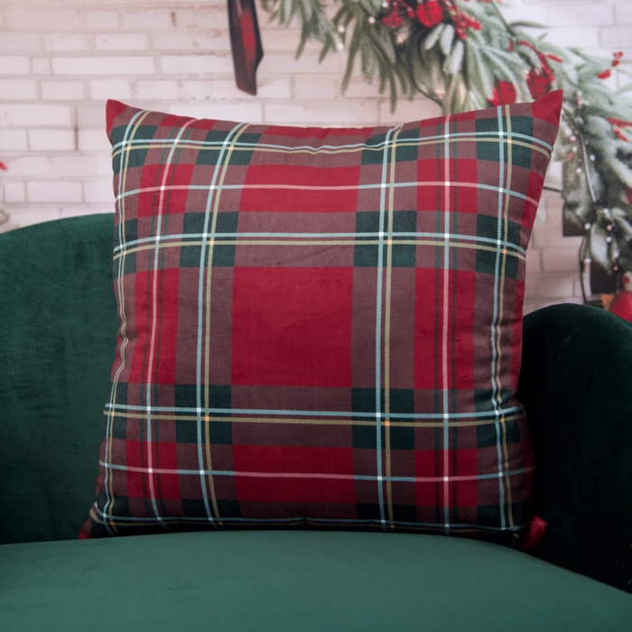 Almofada Decorativa de Natal em Veludo Xadrez Vermelho e Verde 50x50cm - Madel Home