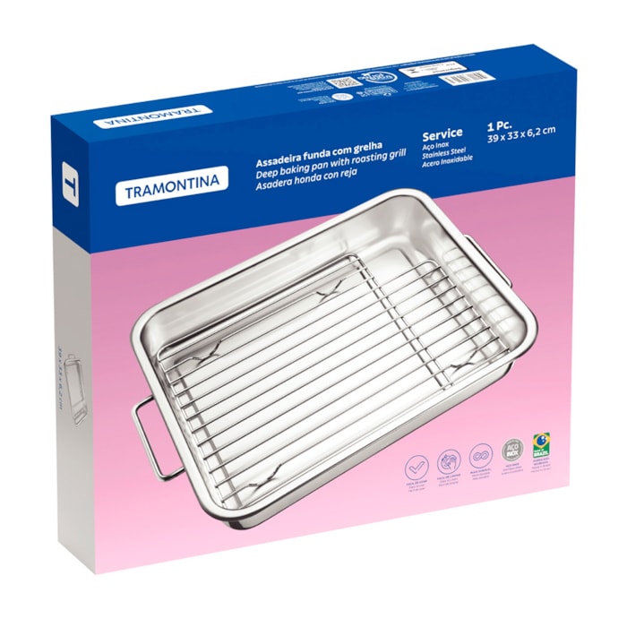 Assadeira Aço Inox com Grelha Service Tramontina 39cm - 6,4L - Madel Home