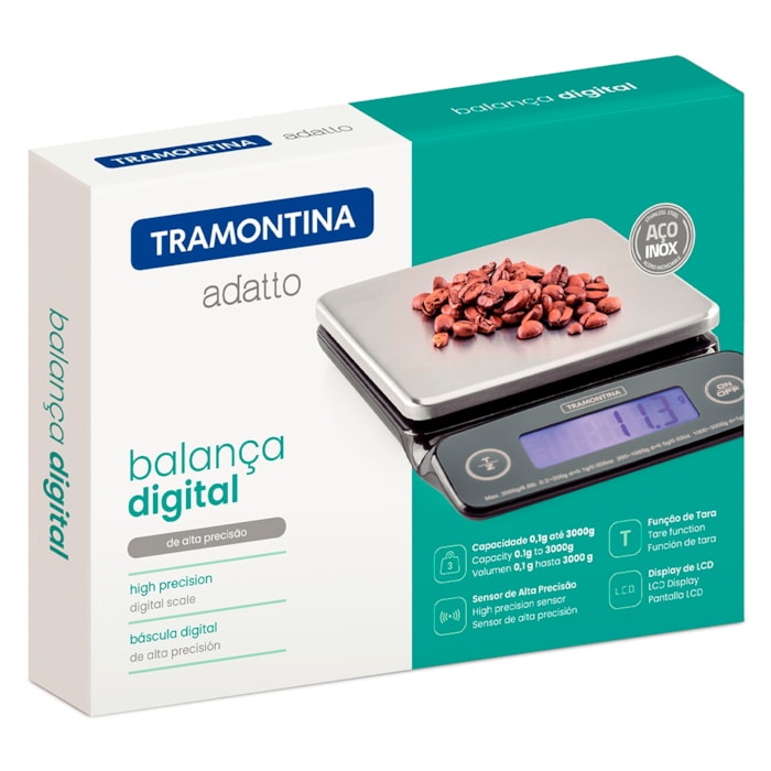 Balança de Cozinha Digital Alta Precisão Aço Inox Tramontina Adatto - 5kg - Madel Home