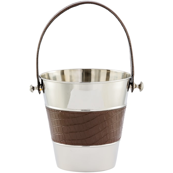 Balde de Gelo Metal Prata com Alça Estilo Couro Marrom - Madel Home