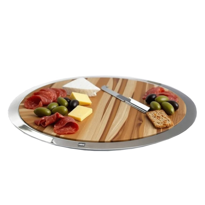 Bandeja de Inox e Madeira Redonda Atri com Faca Formaggio Riva - 33cm - Madel Home