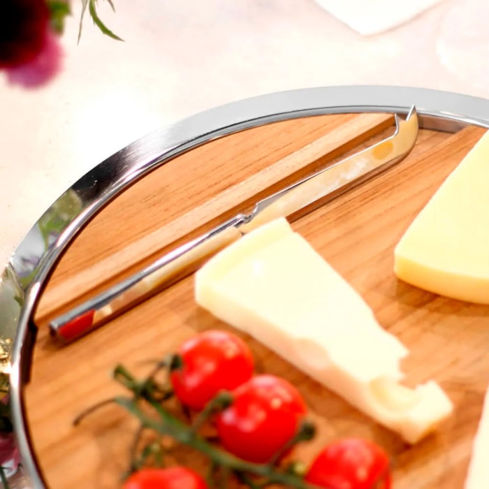 Bandeja de Inox e Madeira Redonda Atri com Faca Formaggio Riva - 33cm - Madel Home