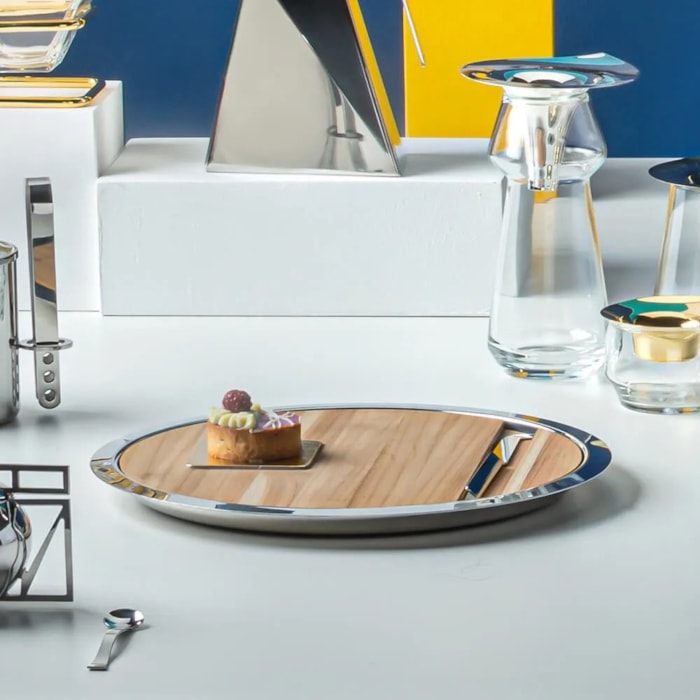 Bandeja de Inox e Madeira Redonda Atri com Faca Formaggio Riva - 33cm - Madel Home