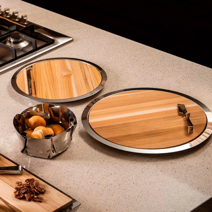 Bandeja de Inox e Madeira Redonda Atri com Faca Formaggio Riva - 33cm - Madel Home