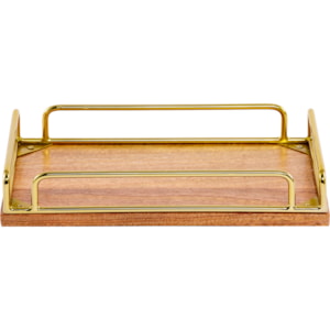 Bandeja de Madeira Nogueira com Metal Dourado - 35cm