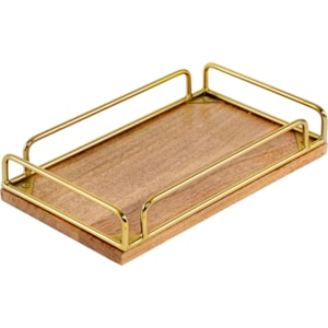 Bandeja de Madeira Nogueira com Metal Dourado - 35cm