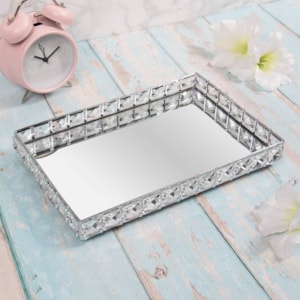 Bandeja de Metal Efeito Cristal com Espelho Prata Média - 35cm