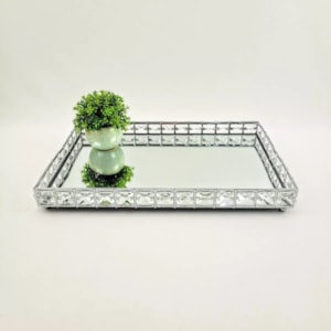 Bandeja de Metal Efeito Cristal Espelhada Prata Pequena - 30cm