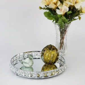 Bandeja de Metal Redonda Efeito Cristal com Espelho Prata Média - 31cm