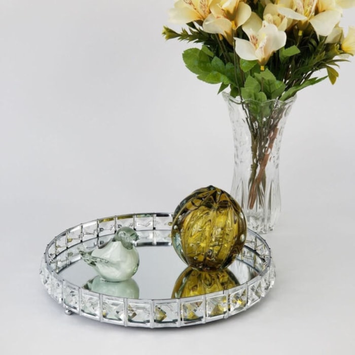 Bandeja de Metal Redonda Efeito Cristal com Espelho Prata Média - 31cm - Madel Home