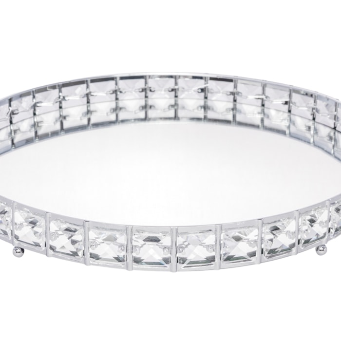 Bandeja de Metal Redonda Efeito Cristal com Espelho Prata Média - 31cm - Madel Home