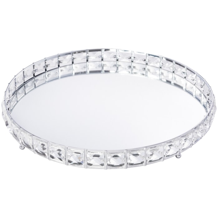 Bandeja de Metal Redonda Efeito Cristal com Espelho Prata Média - 31cm - Madel Home