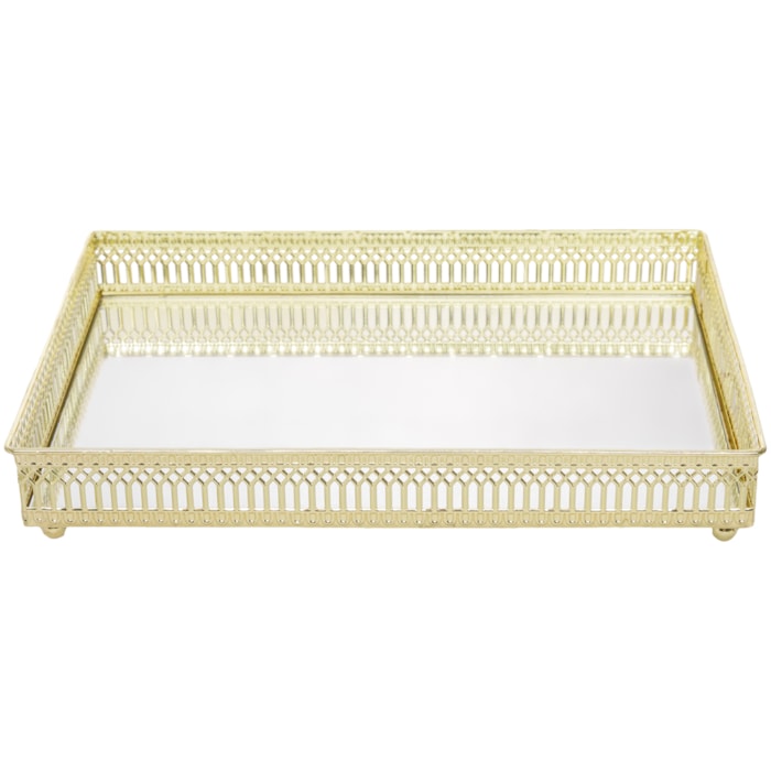 Bandeja de Metal Trançado com Espelho Dourado Média - 27cm - Madel Home