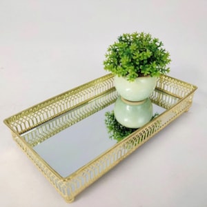 Bandeja de Metal Trançado com Espelho Dourado Média - 27cm
