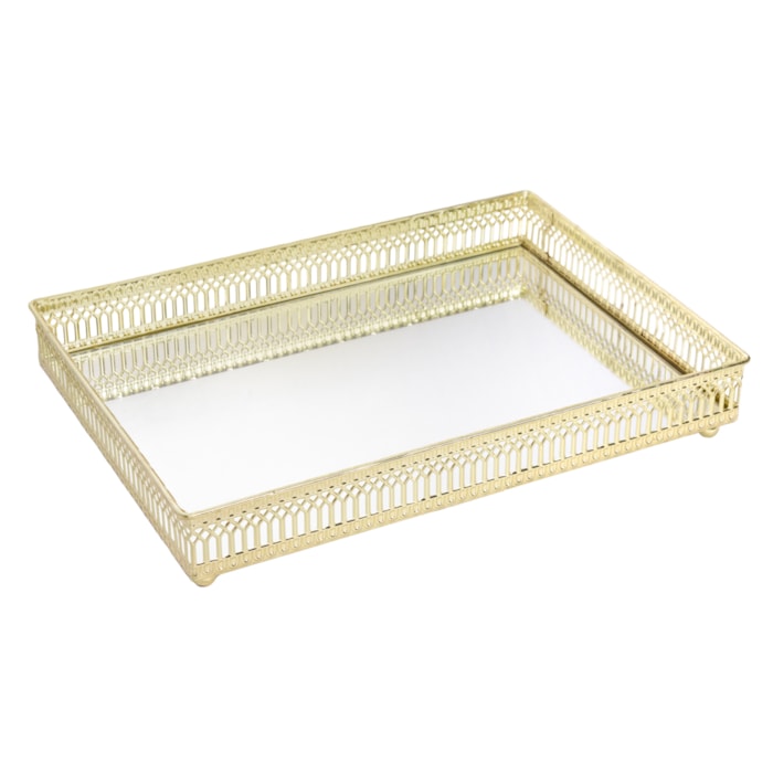 Bandeja de Metal Trançado com Espelho Dourado Média - 27cm - Madel Home