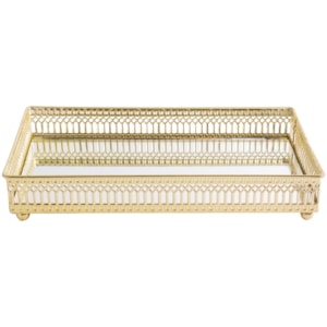 Bandeja de Metal Trançado com Espelho Dourado Pequena - 24cm