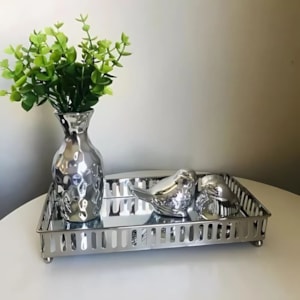 Bandeja de Metal Vasado com Espelho Prata - 26cm