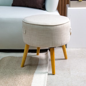 Banqueta Redonda em Linho e Madeira Cinza - 45x48cm
