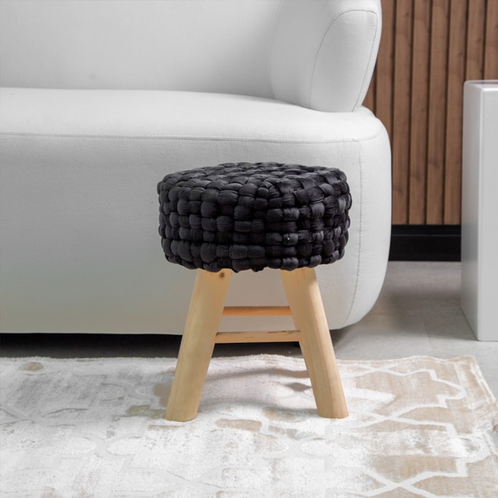 Banqueta Redonda em Veludo e Madeira Preto - 30x38cm - Madel Home