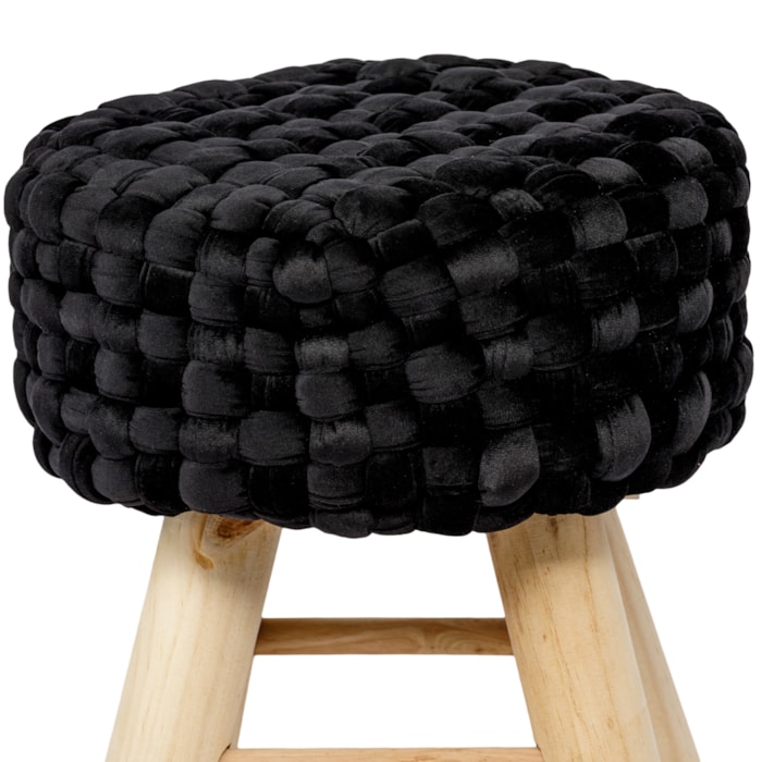 Banqueta Redonda em Veludo e Madeira Preto - 30x38cm - Madel Home