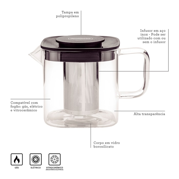 Bule de Chá Vidro e Aço Inox com Infusor Tramontina - 600ml - Madel Home