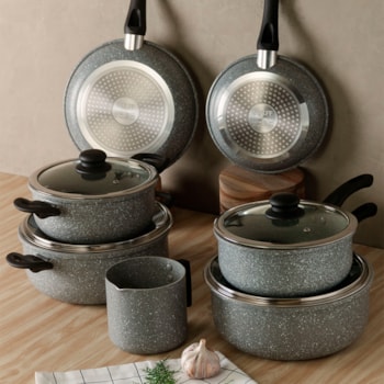 Caçarola de Indução  Revestimento Cerâmico Tampa de Vidro Granilite Cinza Wolff  - 22cm