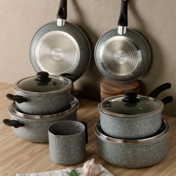 Caçarola de Indução Revestimento Cerâmico Tampa de Vidro Granilite Cinza Wolff - 24cm 