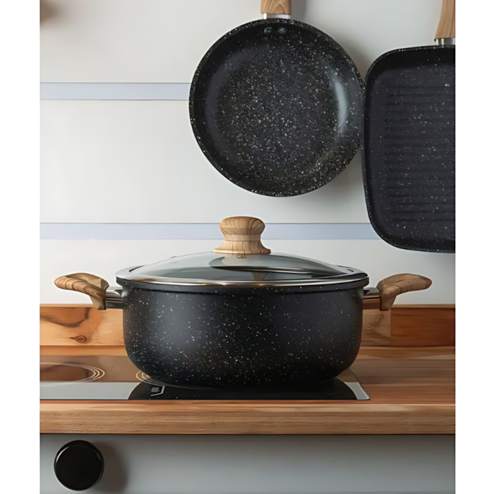 Caçarola de Indução Revestimento Cerâmico Tampa de Vidro Granilite Preta Wolff - 24cm - Madel Home