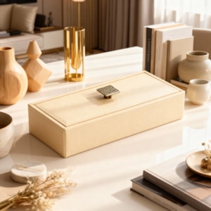 Caixa Decorativa de Mdf com Revestimento em Pu Bege - 24cm