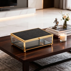 Caixa Decorativa de Vidro Metal e Couro Preta e Dourado G - 18cm