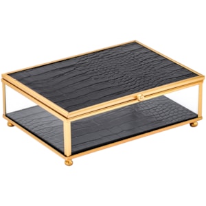 Caixa Decorativa de Vidro Metal e Couro Preta e Dourado G - 18cm
