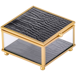 Caixa Decorativa de Vidro Metal e Couro Preta e Dourado P - 10cm