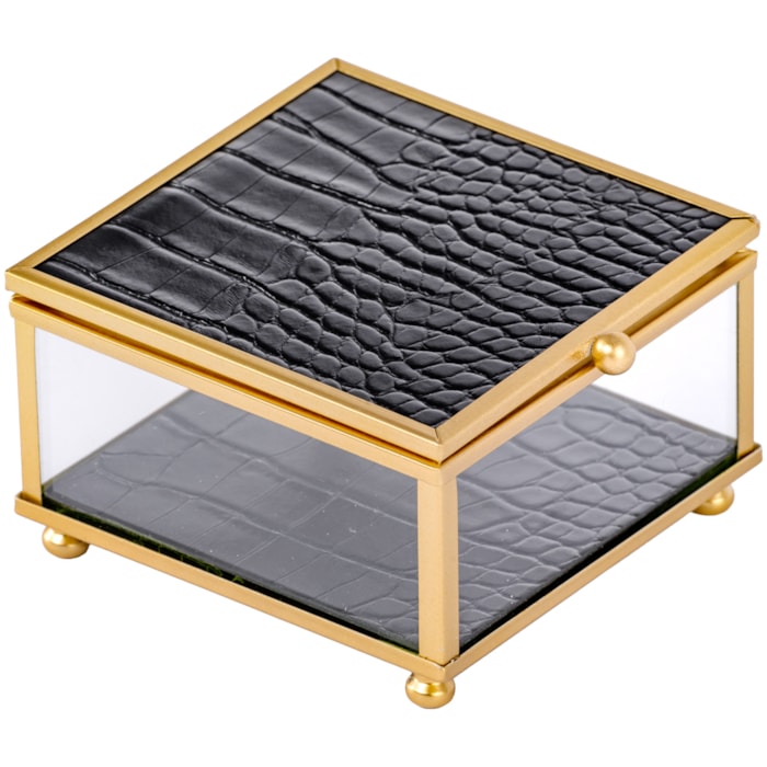 Caixa Decorativa de Vidro Metal e Couro Preta e Dourado P - 10cm - Madel Home