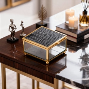 Caixa Decorativa de Vidro Metal e Couro Preta e Dourado P - 10cm