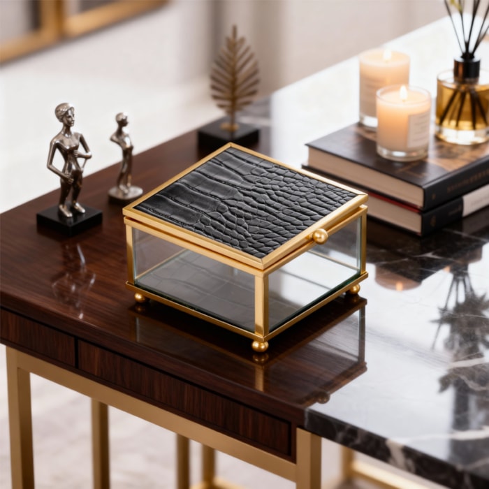 Caixa Decorativa de Vidro Metal e Couro Preta e Dourado P - 10cm - Madel Home