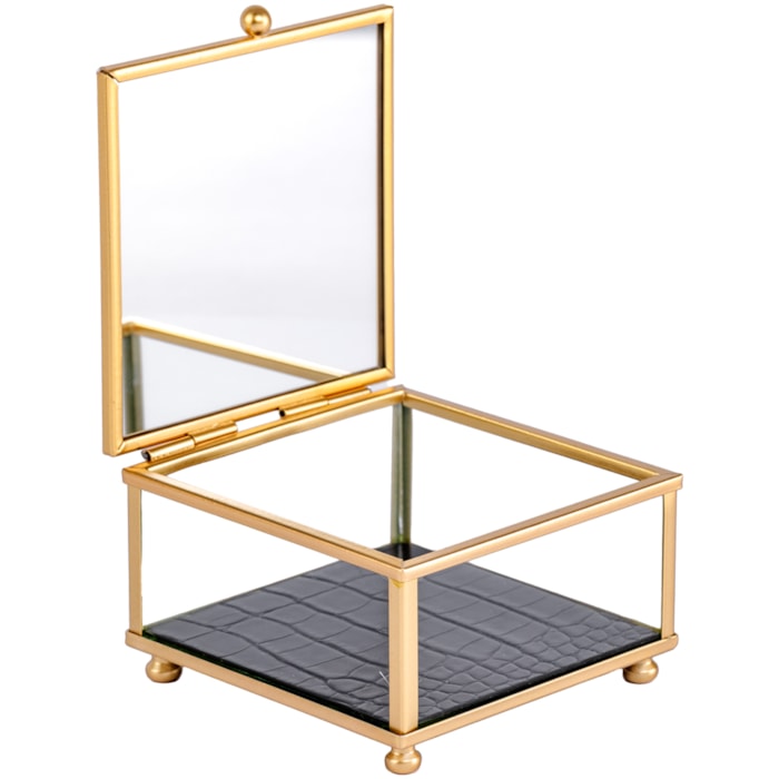 Caixa Decorativa de Vidro Metal e Couro Preta e Dourado P - 10cm - Madel Home
