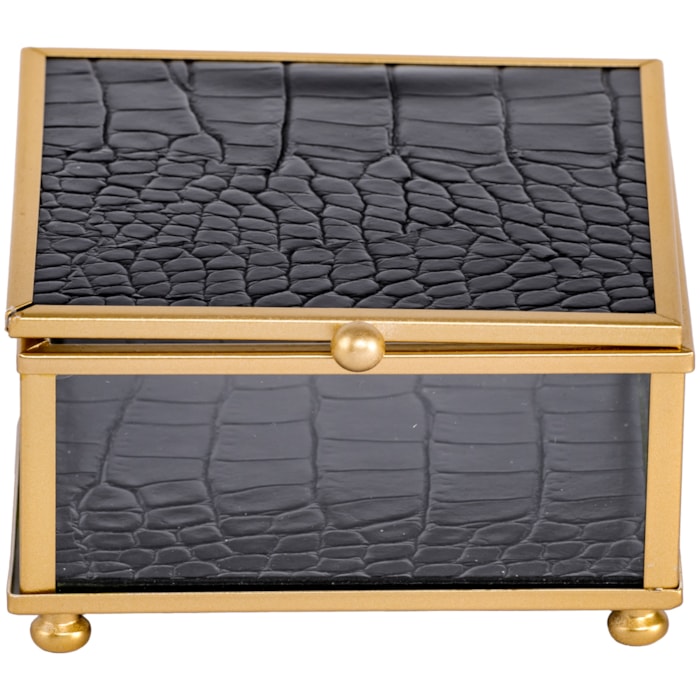 Caixa Decorativa de Vidro Metal e Couro Preta e Dourado P - 10cm - Madel Home