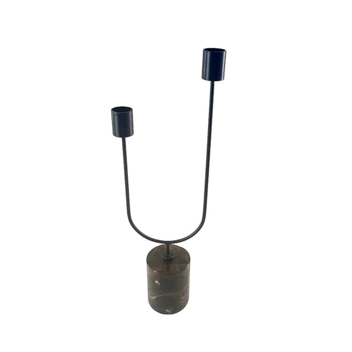 Candelabro de Metal e Mármore Preto e Marrom - 2 velas - Madel Home