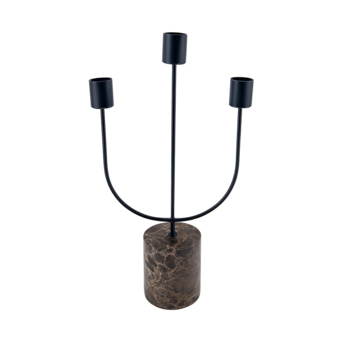 Candelabro de Metal e Mármore Preto e Marrom - 3 velas - Madel Home