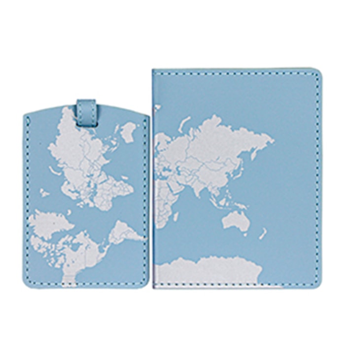 Capa para Passaporte e Tag de Mala Mundo Plástico Azul - 2 Peças - Madel Home