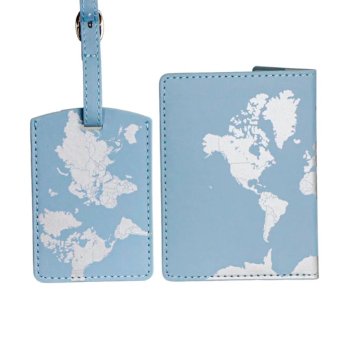 Capa para Passaporte e Tag de Mala Mundo Plástico Azul - 2 Peças - Madel Home
