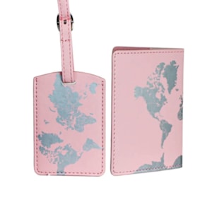 Capa para Passaporte e Tag de Mala Mundo Plástico Rosa - 2 Peças
