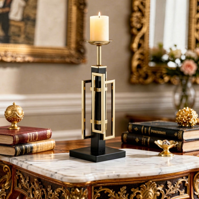 Castiçal de Mármore Metal Preto e Dourado - 40cm - Madel Home