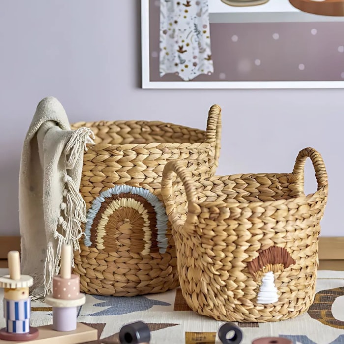 Cesto de Brinquedos de Palha Cogumelo Bordado - Madel Home