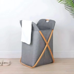 Cesto de Roupas de Tecido e Bambu Cinza - 70cm