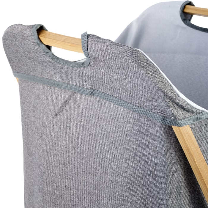 Cesto de Roupas de Tecido e Bambu Cinza - 70cm - Madel Home