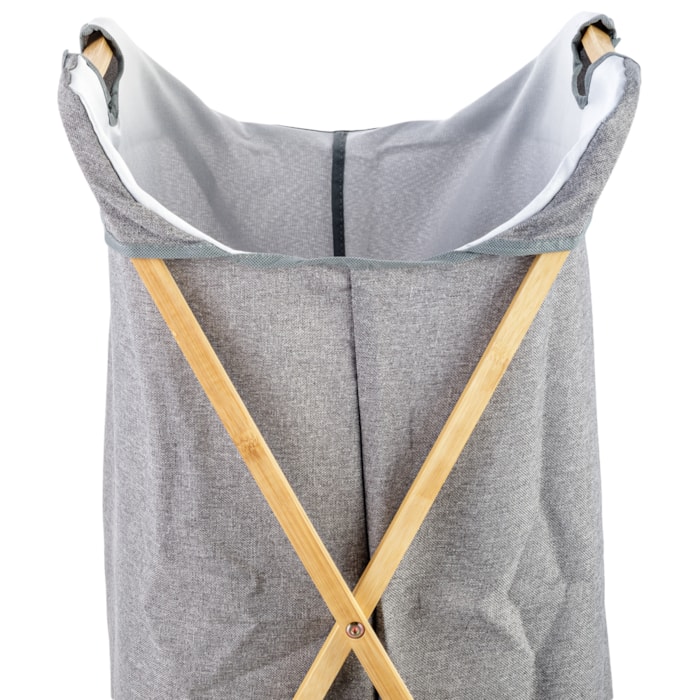 Cesto de Roupas de Tecido e Bambu Cinza - 70cm - Madel Home
